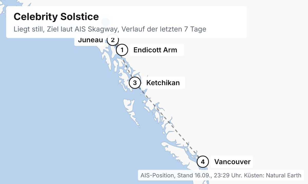 Karte: aktuelle Position der Celebrity Solstice, Verlauf der letzten Tage und die nächsten Häfen laut Fahrplan