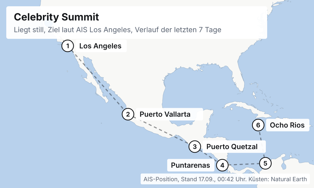 Karte: aktuelle Position der Celebrity Summit, Verlauf der letzten Tage und die nächsten Häfen laut Fahrplan