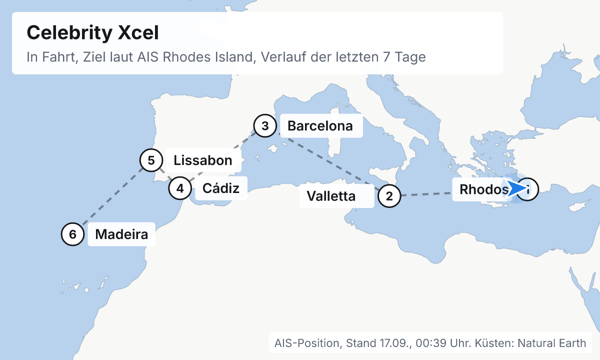 Karte: aktuelle Position der Celebrity Xcel, Verlauf der letzten Tage und die nächsten Häfen laut Fahrplan