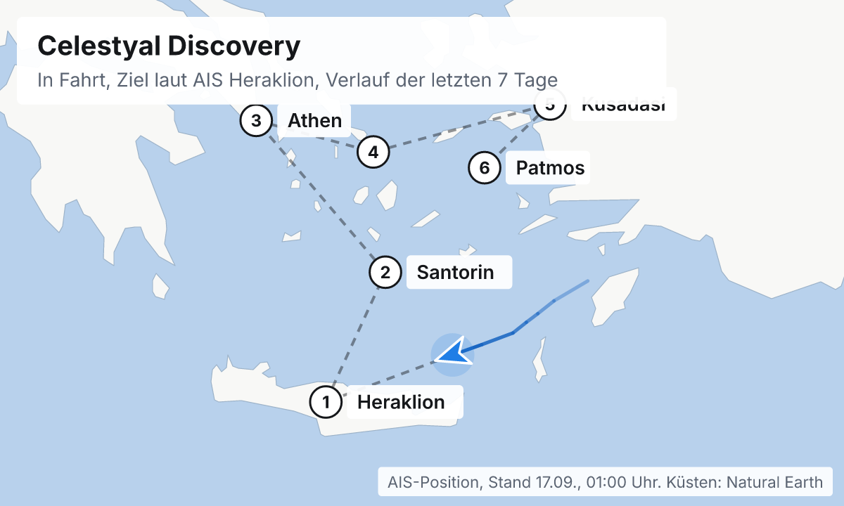 Karte: aktuelle Position der Celestyal Discovery, Verlauf der letzten Tage und die nächsten Häfen laut Fahrplan