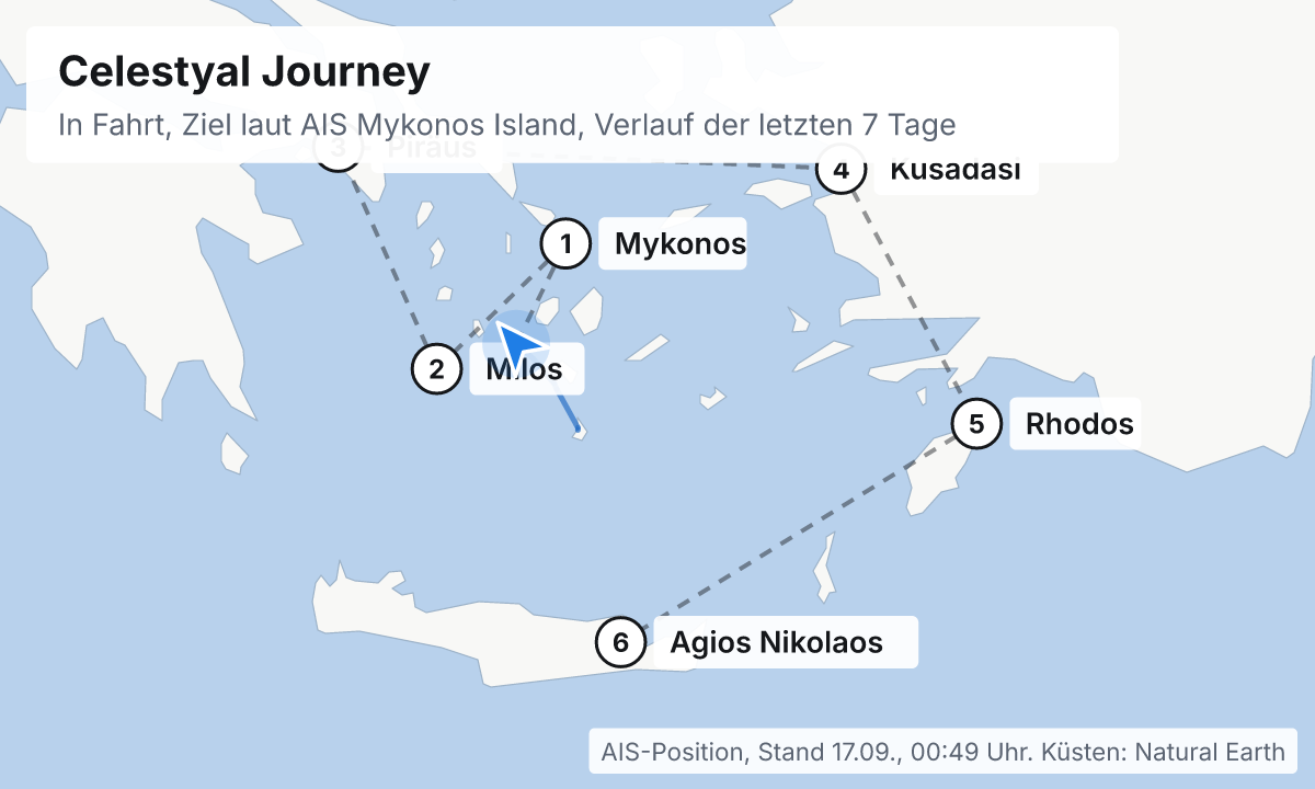 Karte: aktuelle Position der Celestyal Journey, Verlauf der letzten Tage und die nächsten Häfen laut Fahrplan
