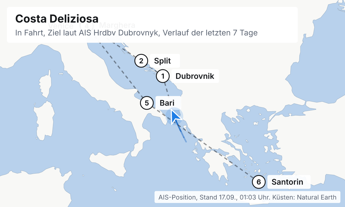 Karte: aktuelle Position der Costa Deliziosa, Verlauf der letzten Tage und die nächsten Häfen laut Fahrplan