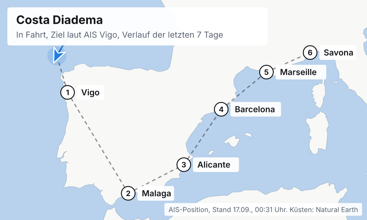 Karte: aktuelle Position der Costa Diadema, Verlauf der letzten Tage und die nächsten Häfen laut Fahrplan