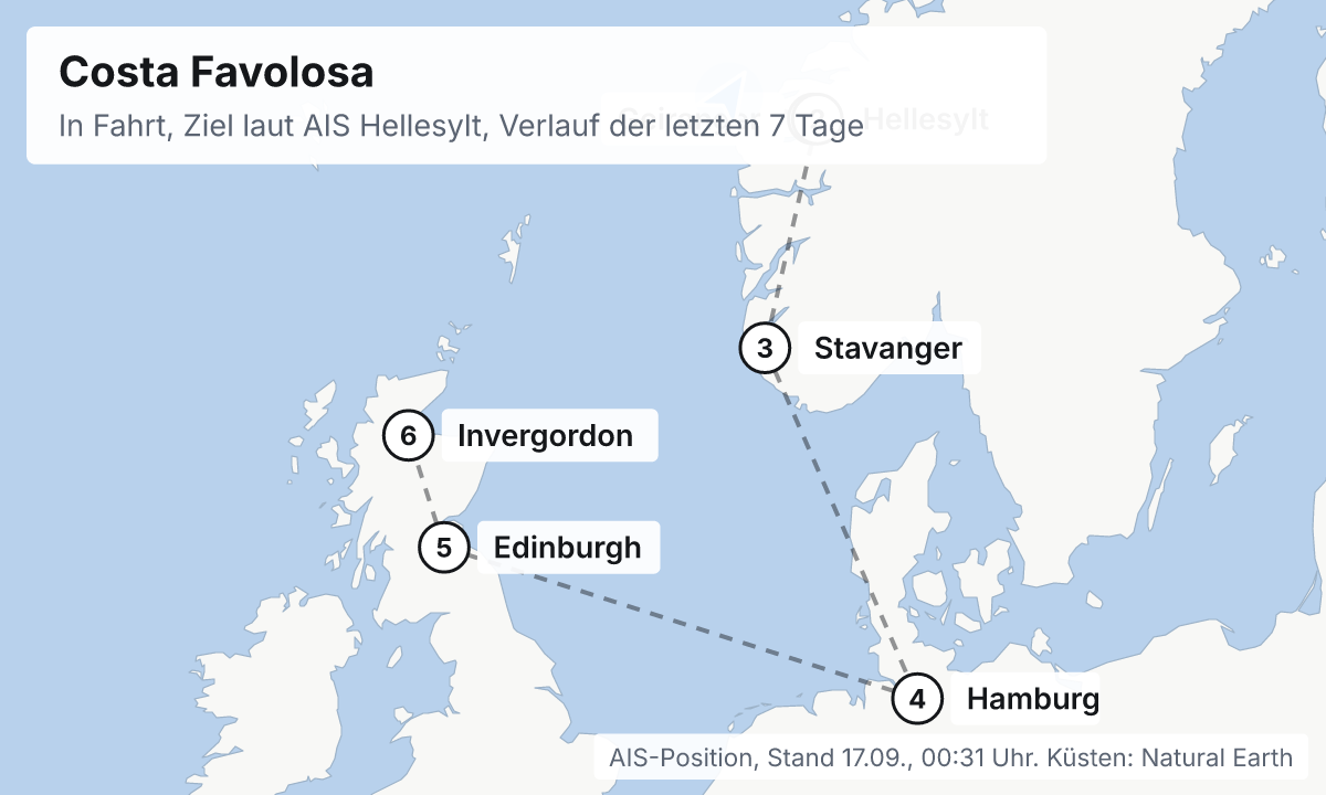 Karte: aktuelle Position der Costa Favolosa, Verlauf der letzten Tage und die nächsten Häfen laut Fahrplan