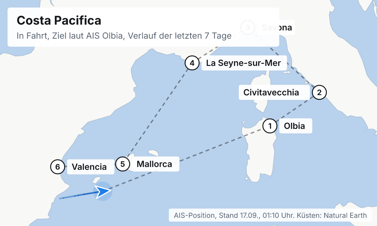 Karte: aktuelle Position der Costa Pacifica, Verlauf der letzten Tage und die nächsten Häfen laut Fahrplan
