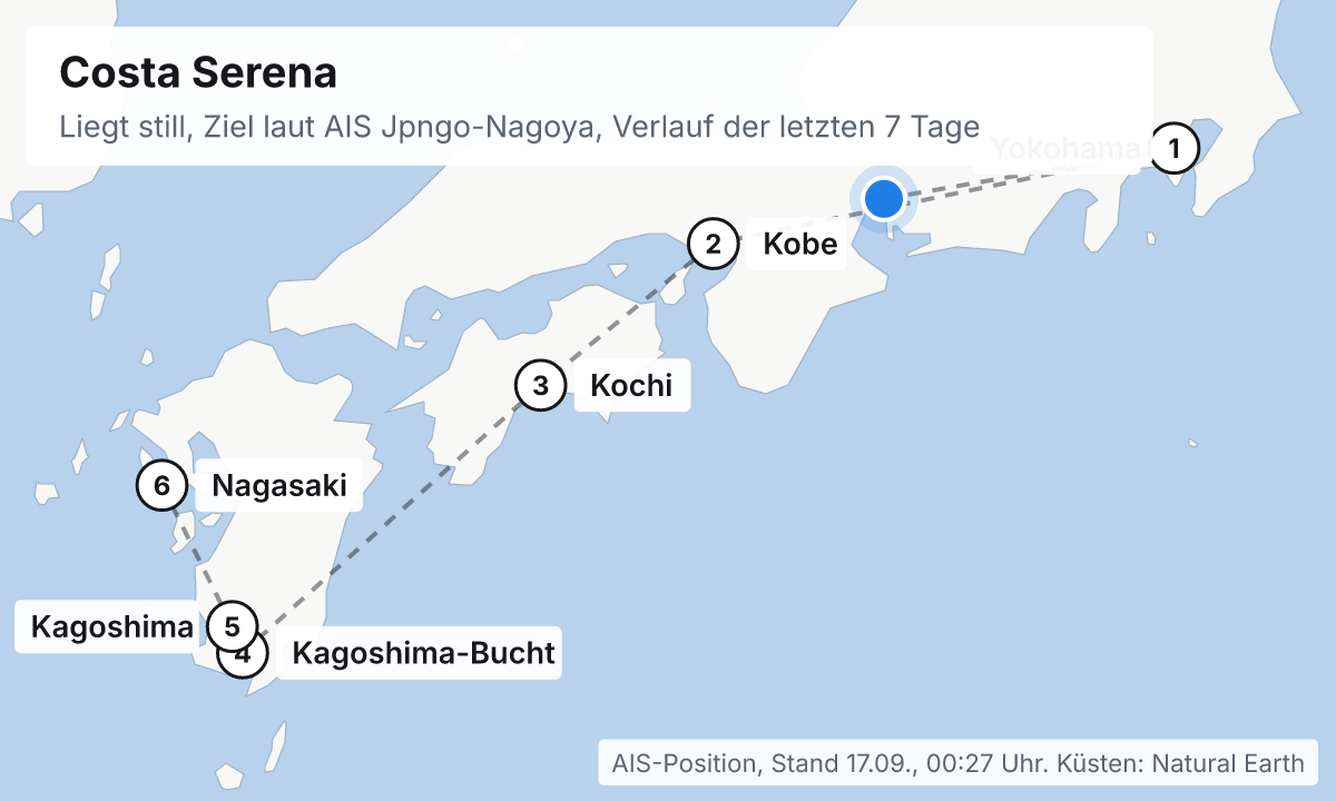 Karte: aktuelle Position der Costa Serena, Verlauf der letzten Tage und die nächsten Häfen laut Fahrplan