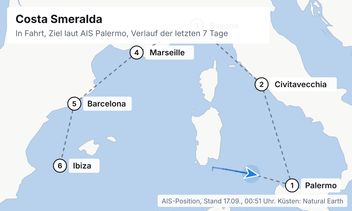 Karte: aktuelle Position der Costa Smeralda, Verlauf der letzten Tage und die nächsten Häfen laut Fahrplan