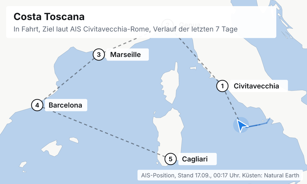 Karte: aktuelle Position der Costa Toscana, Verlauf der letzten Tage und die nächsten Häfen laut Fahrplan