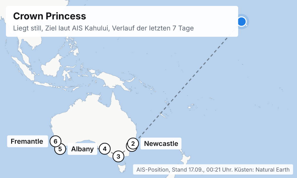 Karte: aktuelle Position der Crown Princess, Verlauf der letzten Tage und die nächsten Häfen laut Fahrplan