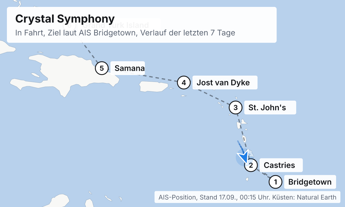 Karte: aktuelle Position der Crystal Symphony, Verlauf der letzten Tage und die nächsten Häfen laut Fahrplan