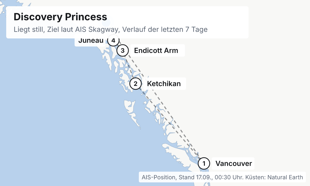 Karte: aktuelle Position der Discovery Princess, Verlauf der letzten Tage und die nächsten Häfen laut Fahrplan