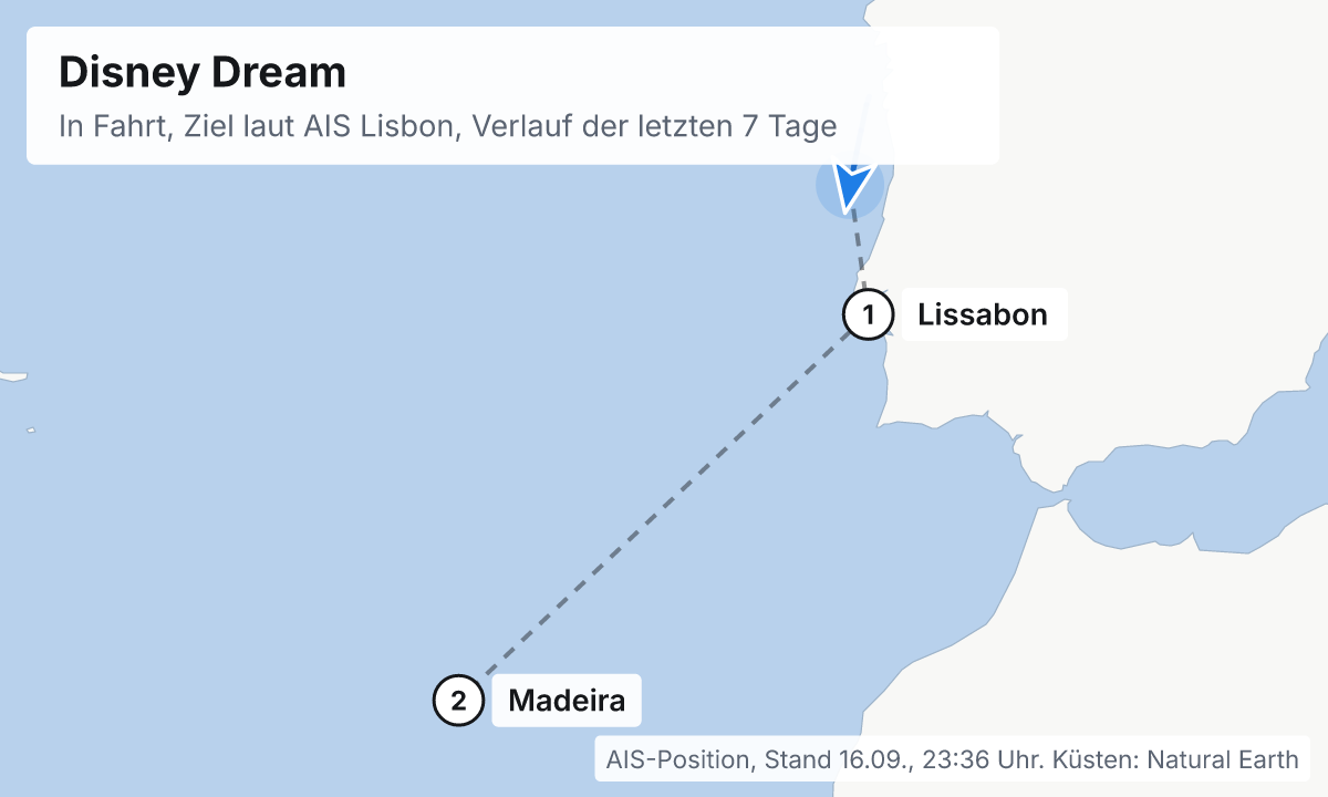 Karte: aktuelle Position der Disney Dream, Verlauf der letzten Tage und die nächsten Häfen laut Fahrplan