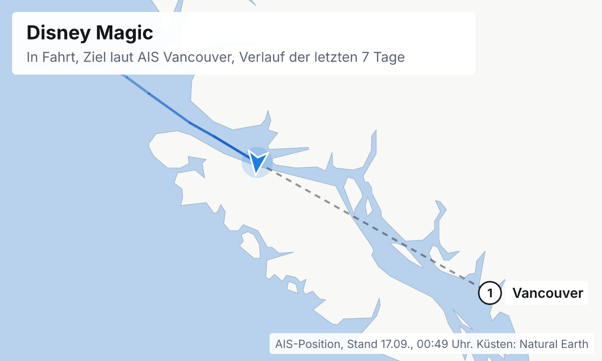 Karte: aktuelle Position der Disney Magic, Verlauf der letzten Tage und die nächsten Häfen laut Fahrplan