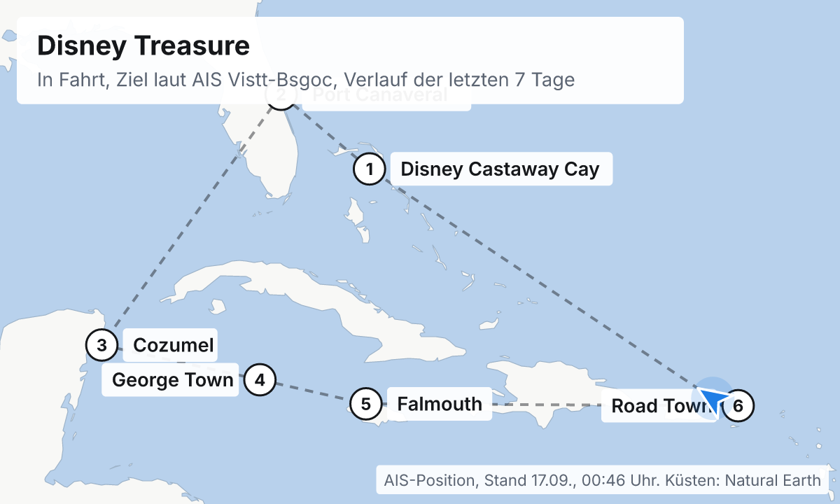 Karte: aktuelle Position der Disney Treasure, Verlauf der letzten Tage und die nächsten Häfen laut Fahrplan