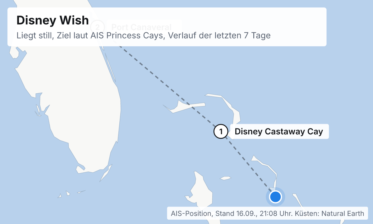 Karte: aktuelle Position der Disney Wish, Verlauf der letzten Tage und die nächsten Häfen laut Fahrplan