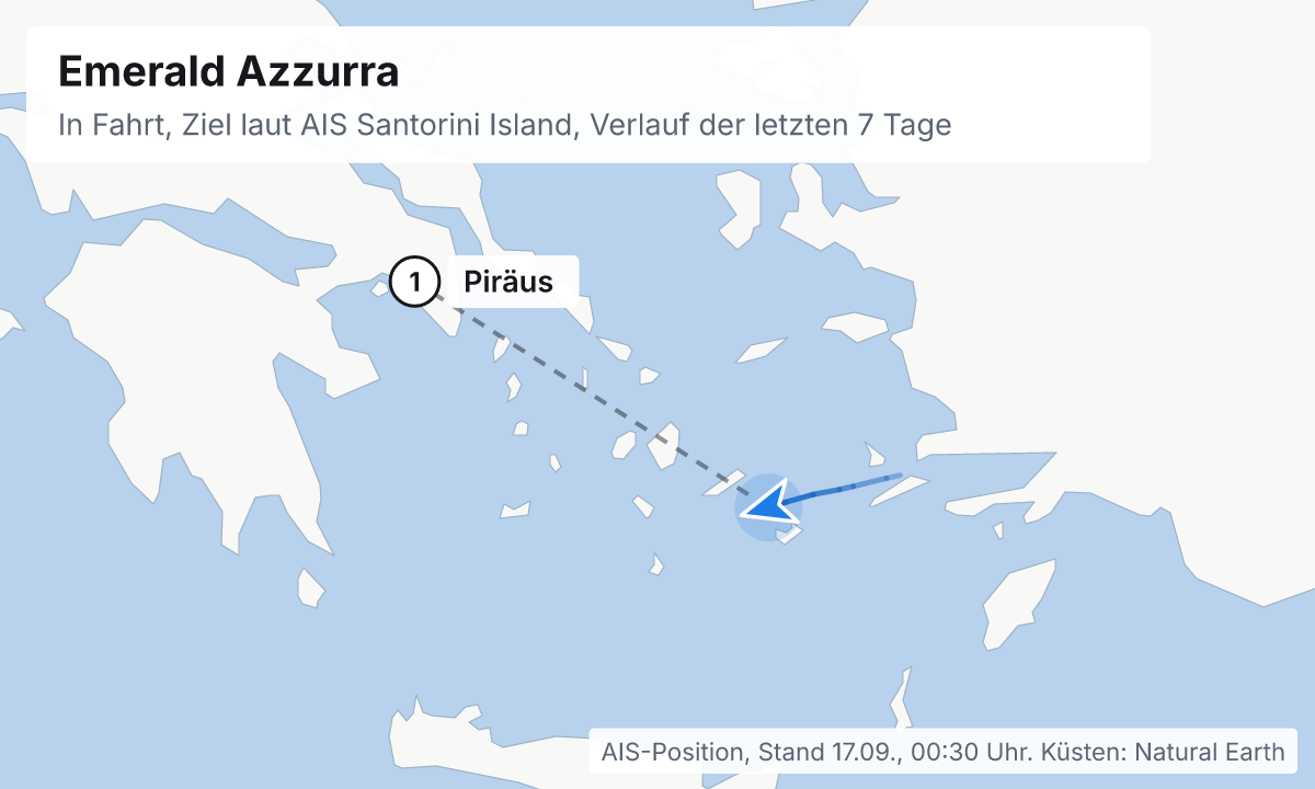 Karte: aktuelle Position der Emerald Azzurra, Verlauf der letzten Tage und die nächsten Häfen laut Fahrplan