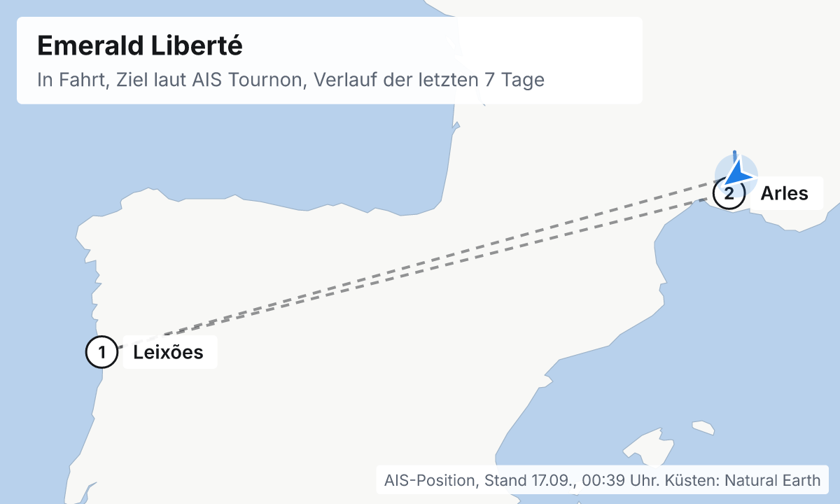 Karte: aktuelle Position der Emerald Liberté, Verlauf der letzten Tage und die nächsten Häfen laut Fahrplan