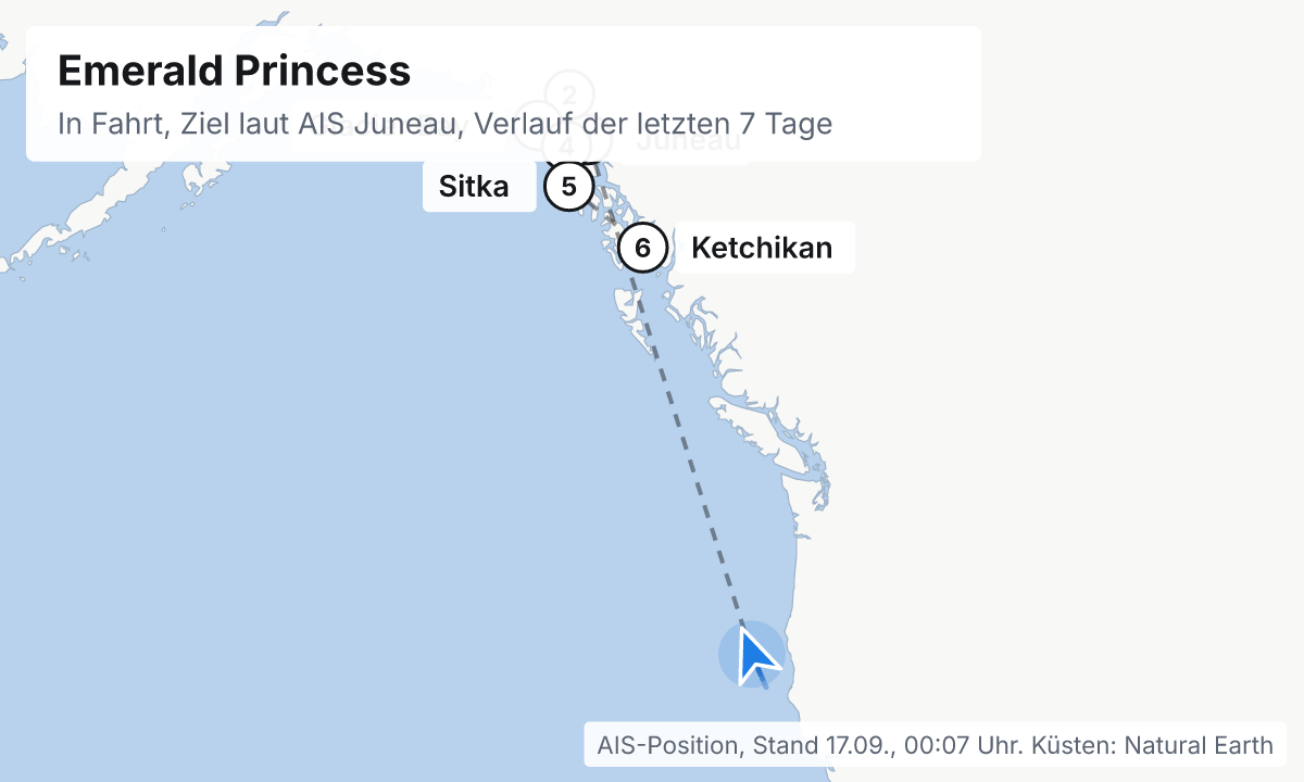 Karte: aktuelle Position der Emerald Princess, Verlauf der letzten Tage und die nächsten Häfen laut Fahrplan