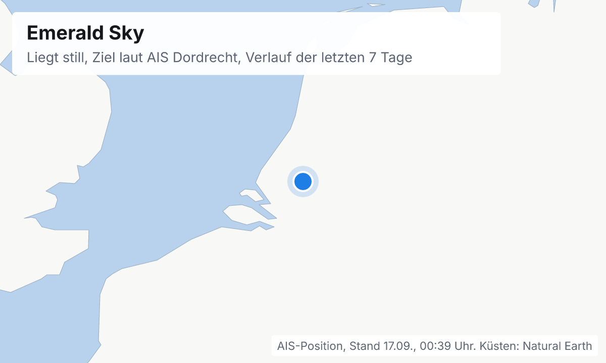 Karte: aktuelle Position der Emerald Sky, Verlauf der letzten Tage und die nächsten Häfen laut Fahrplan