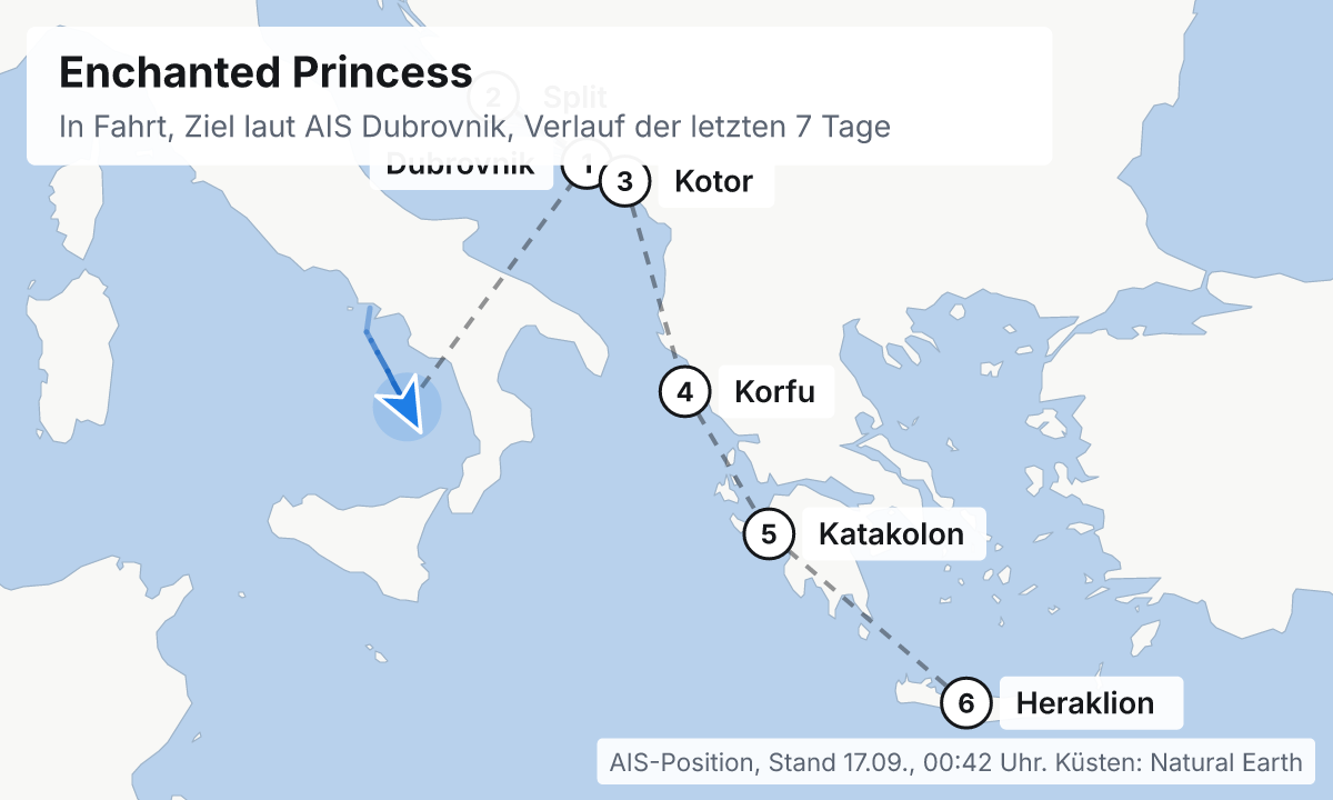 Karte: aktuelle Position der Enchanted Princess, Verlauf der letzten Tage und die nächsten Häfen laut Fahrplan