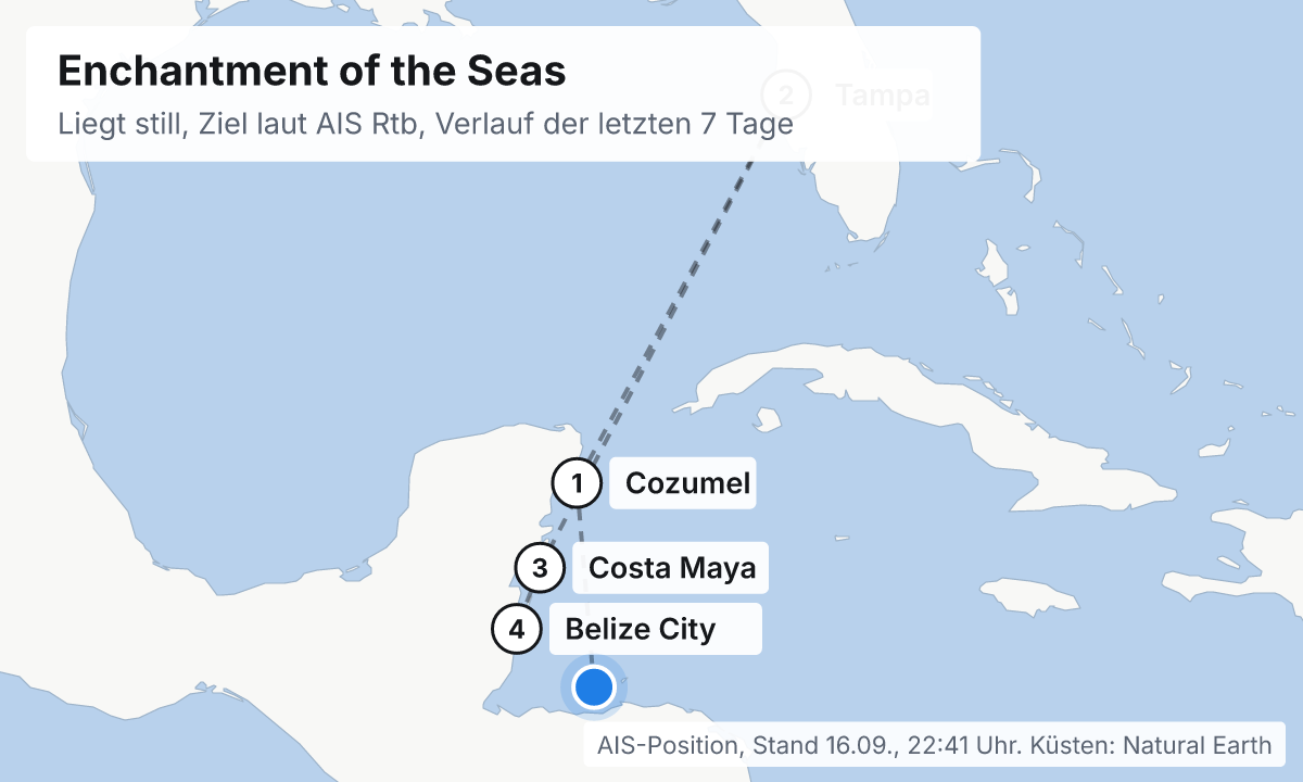 Karte: aktuelle Position der Enchantment of the Seas, Verlauf der letzten Tage und die nächsten Häfen laut Fahrplan