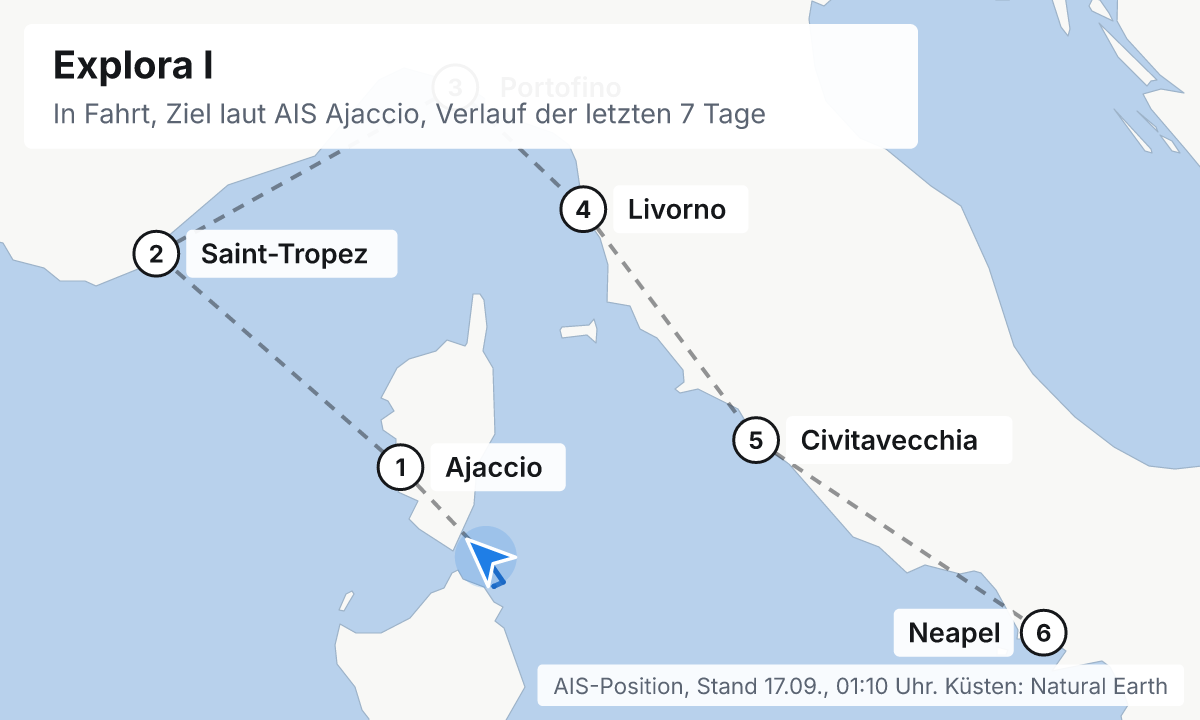 Karte: aktuelle Position der Explora I, Verlauf der letzten Tage und die nächsten Häfen laut Fahrplan