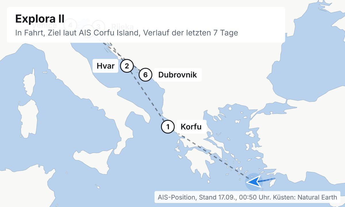 Karte: aktuelle Position der Explora II, Verlauf der letzten Tage und die nächsten Häfen laut Fahrplan