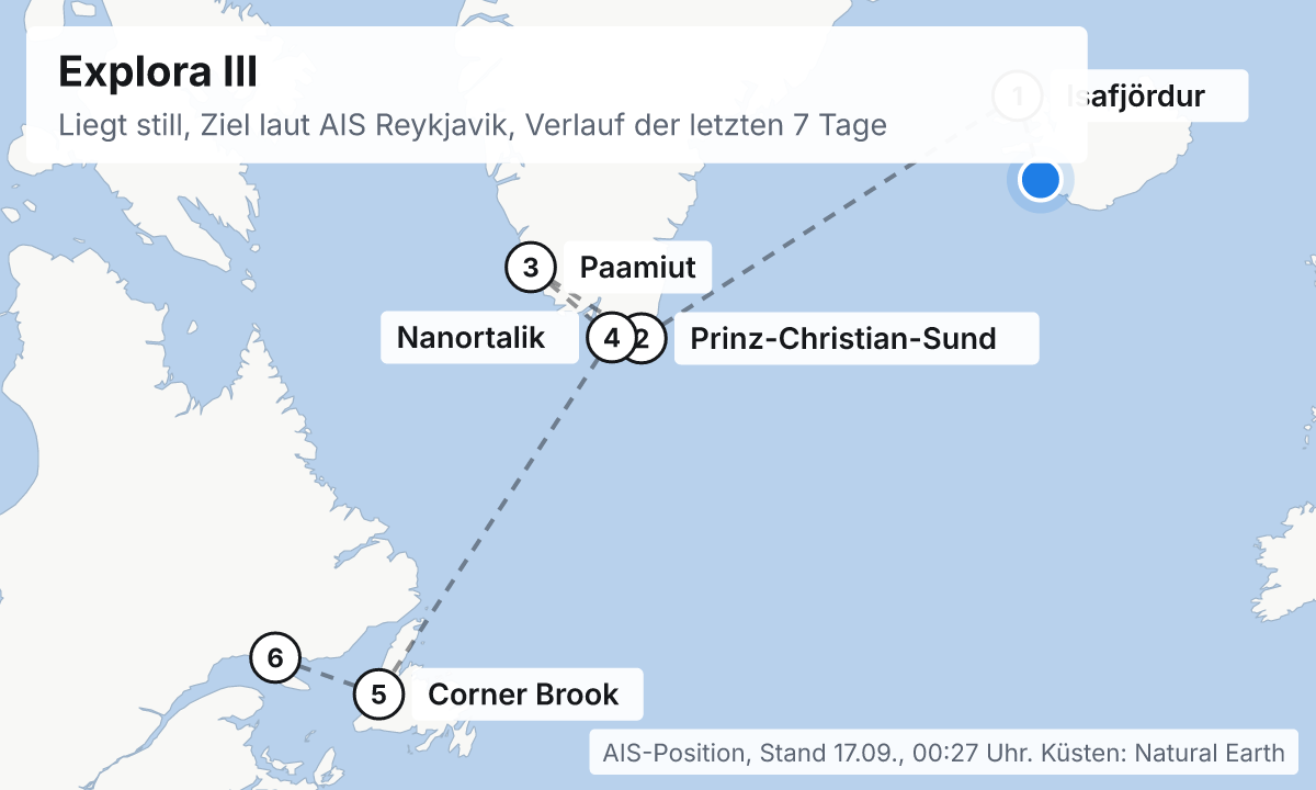 Karte: aktuelle Position der Explora III, Verlauf der letzten Tage und die nächsten Häfen laut Fahrplan
