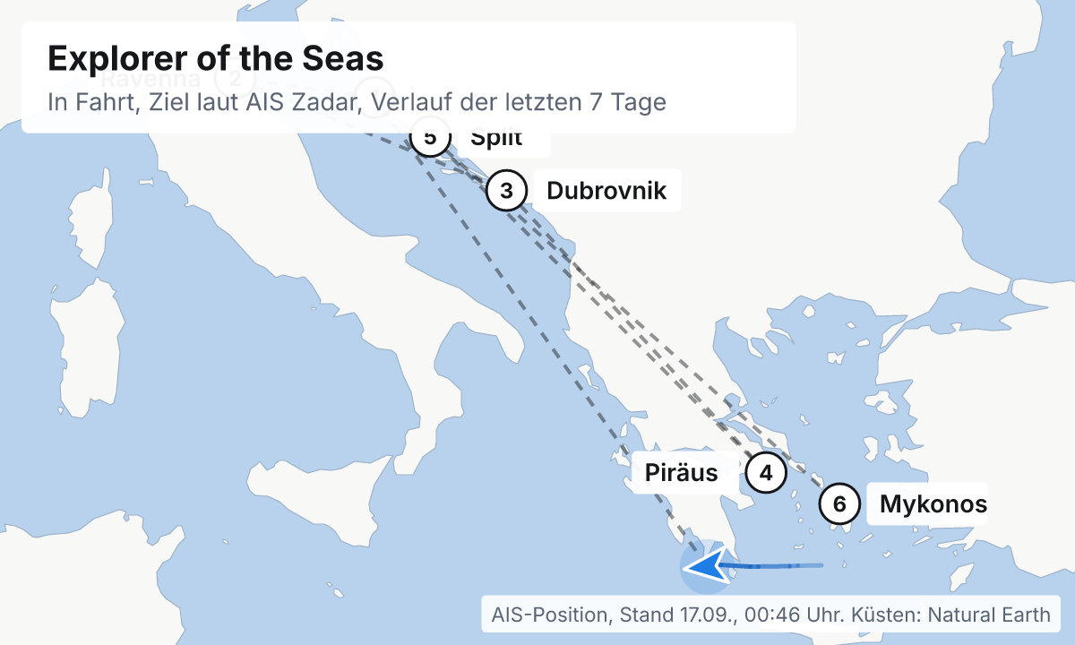 Karte: aktuelle Position der Explorer of the Seas, Verlauf der letzten Tage und die nächsten Häfen laut Fahrplan