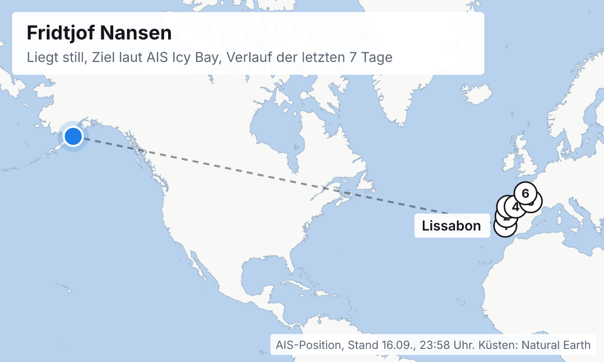 Karte: aktuelle Position der Fridtjof Nansen, Verlauf der letzten Tage und die nächsten Häfen laut Fahrplan