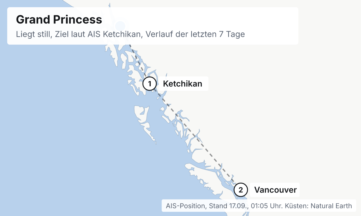 Karte: aktuelle Position der Grand Princess, Verlauf der letzten Tage und die nächsten Häfen laut Fahrplan