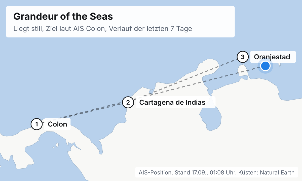 Karte: aktuelle Position der Grandeur of the Seas, Verlauf der letzten Tage und die nächsten Häfen laut Fahrplan