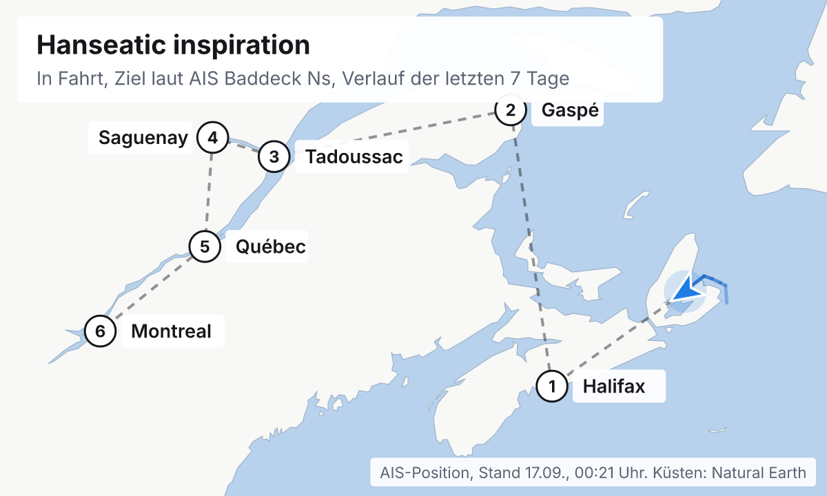 Karte: aktuelle Position der Hanseatic inspiration, Verlauf der letzten Tage und die nächsten Häfen laut Fahrplan