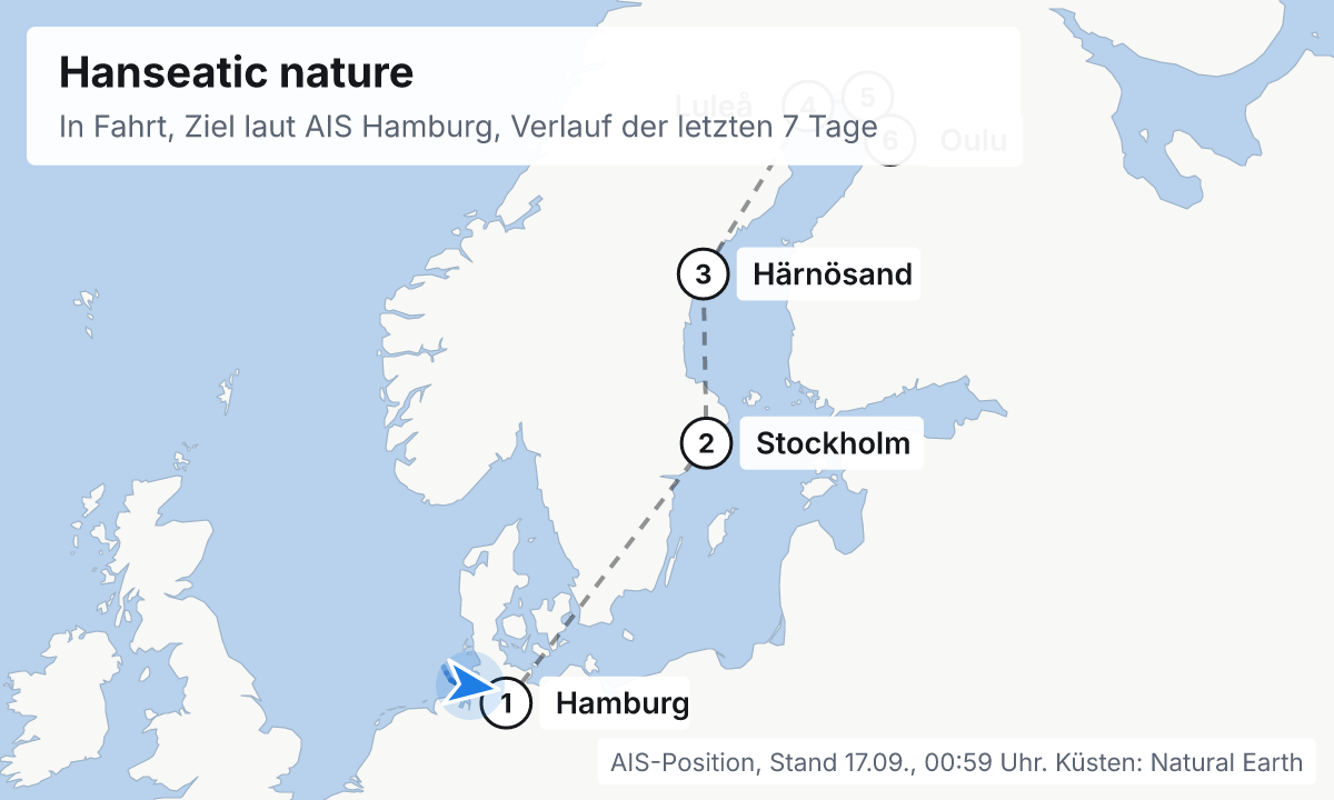 Karte: aktuelle Position der Hanseatic nature, Verlauf der letzten Tage und die nächsten Häfen laut Fahrplan