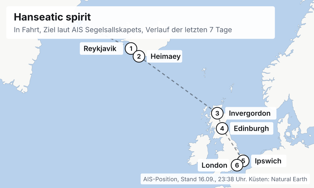 Karte: aktuelle Position der Hanseatic spirit, Verlauf der letzten Tage und die nächsten Häfen laut Fahrplan