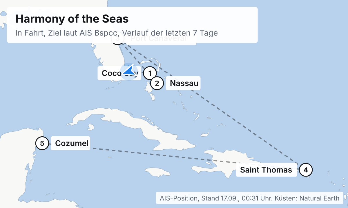 Karte: aktuelle Position der Harmony of the Seas, Verlauf der letzten Tage und die nächsten Häfen laut Fahrplan