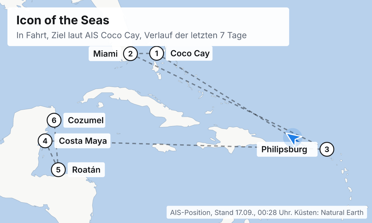Karte: aktuelle Position der Icon of the Seas, Verlauf der letzten Tage und die nächsten Häfen laut Fahrplan