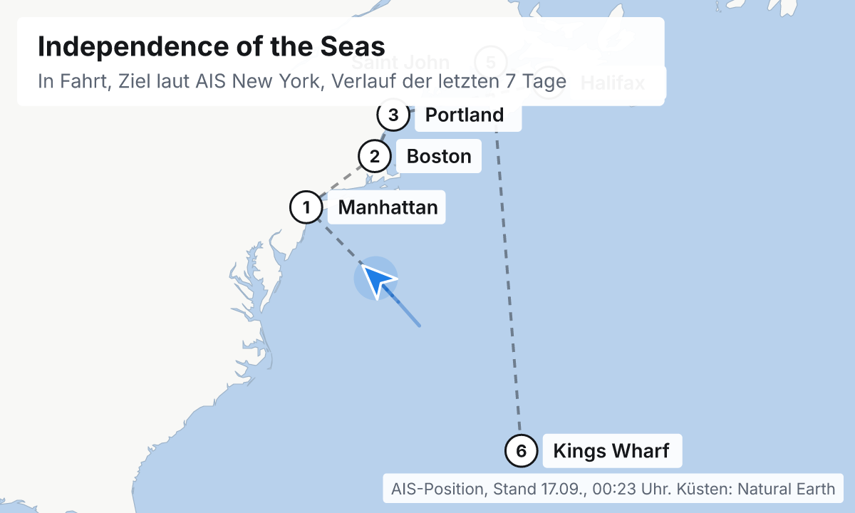 Karte: aktuelle Position der Independence of the Seas, Verlauf der letzten Tage und die nächsten Häfen laut Fahrplan