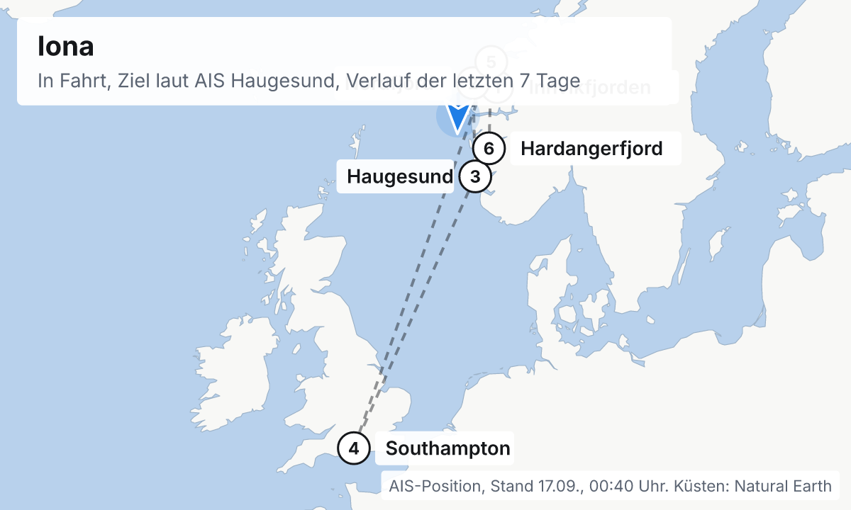 Karte: aktuelle Position der Iona, Verlauf der letzten Tage und die nächsten Häfen laut Fahrplan
