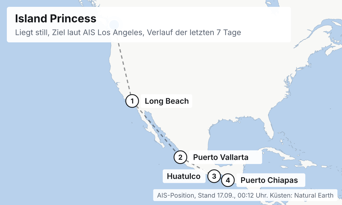 Karte: aktuelle Position der Island Princess, Verlauf der letzten Tage und die nächsten Häfen laut Fahrplan