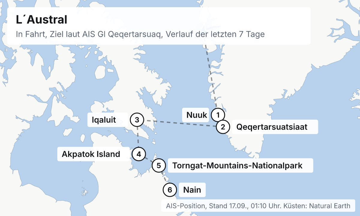 Karte: aktuelle Position der L´Austral, Verlauf der letzten Tage und die nächsten Häfen laut Fahrplan