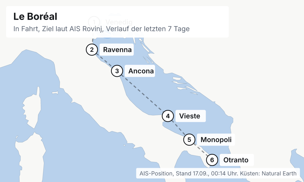Karte: aktuelle Position der Le Boréal, Verlauf der letzten Tage und die nächsten Häfen laut Fahrplan