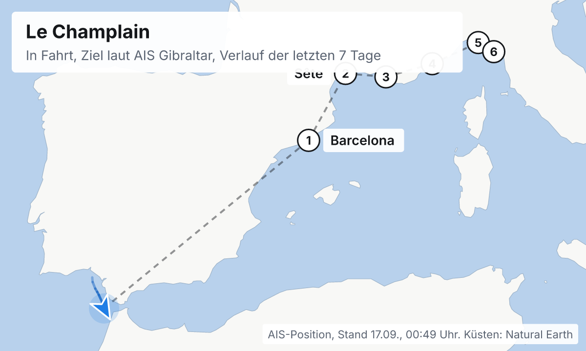 Karte: aktuelle Position der Le Champlain, Verlauf der letzten Tage und die nächsten Häfen laut Fahrplan