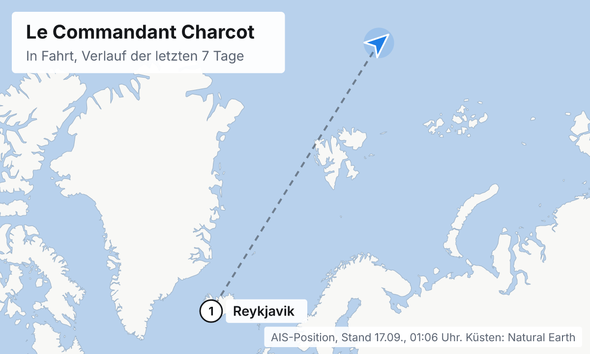 Karte: aktuelle Position der Le Commandant Charcot, Verlauf der letzten Tage und die nächsten Häfen laut Fahrplan