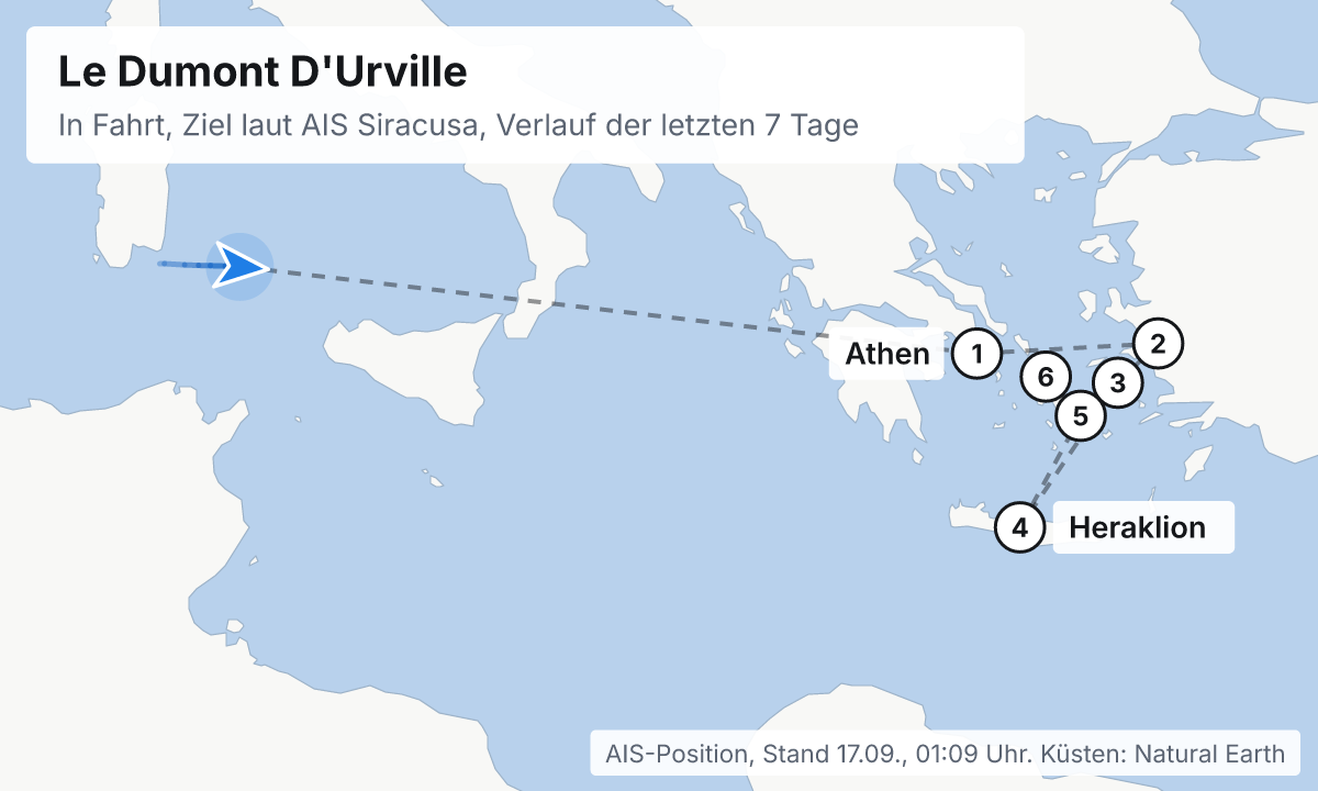 Karte: aktuelle Position der Le Dumont D'Urville, Verlauf der letzten Tage und die nächsten Häfen laut Fahrplan