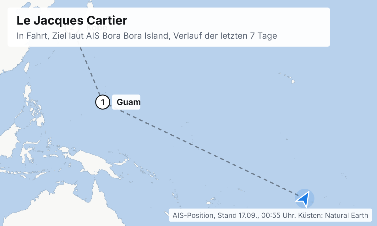 Karte: aktuelle Position der Le Jacques Cartier, Verlauf der letzten Tage und die nächsten Häfen laut Fahrplan