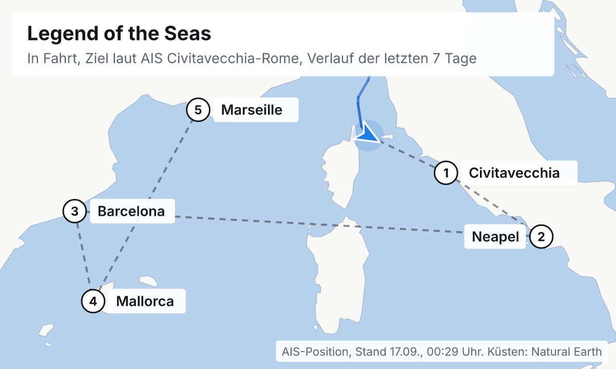 Karte: aktuelle Position der Legend of the Seas, Verlauf der letzten Tage und die nächsten Häfen laut Fahrplan