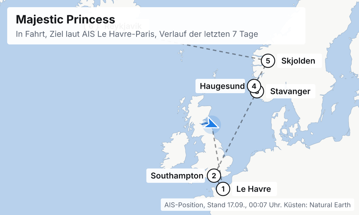 Karte: aktuelle Position der Majestic Princess, Verlauf der letzten Tage und die nächsten Häfen laut Fahrplan