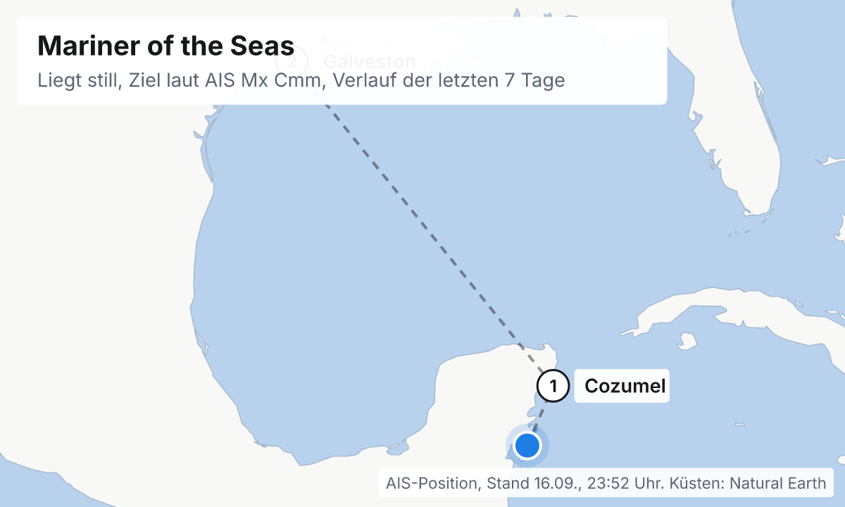 Karte: aktuelle Position der Mariner of the Seas, Verlauf der letzten Tage und die nächsten Häfen laut Fahrplan