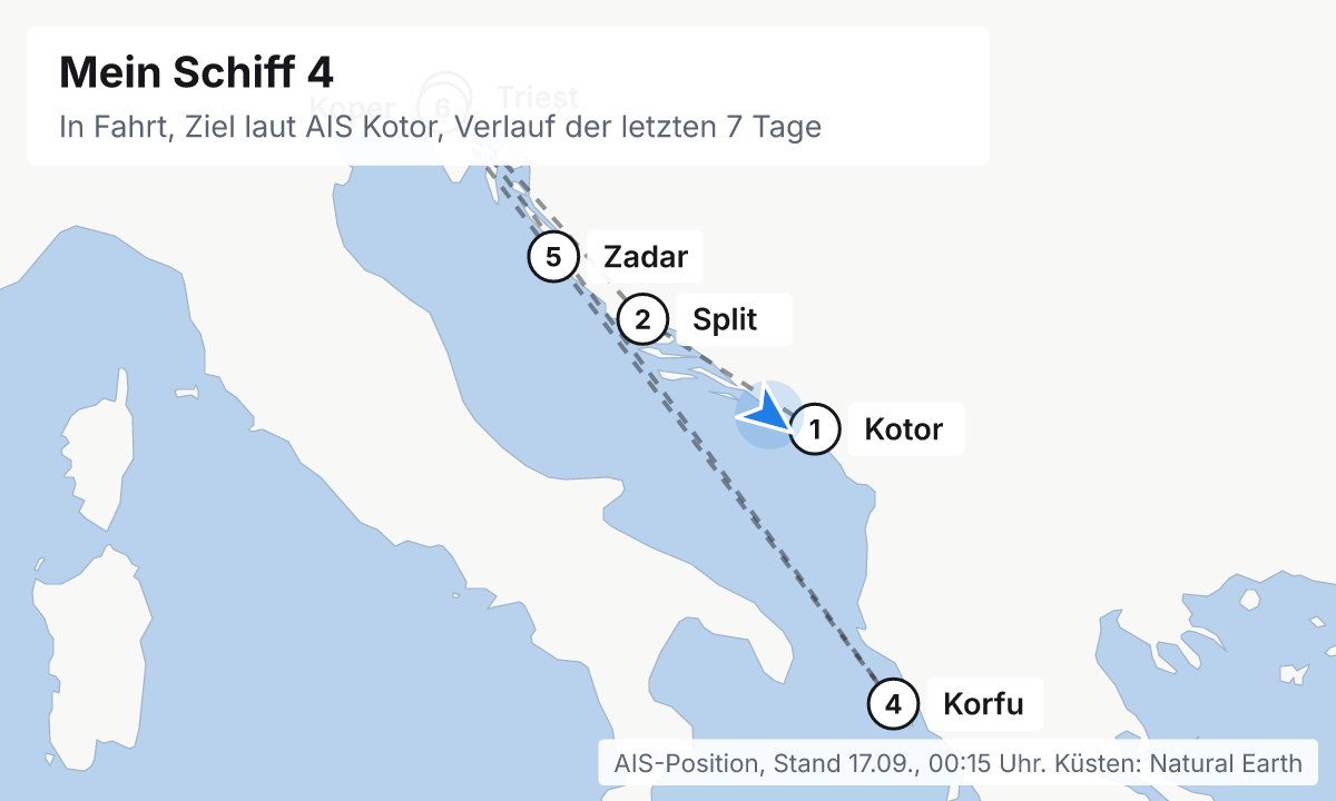 Karte: aktuelle Position der Mein Schiff 4, Verlauf der letzten Tage und die nächsten Häfen laut Fahrplan